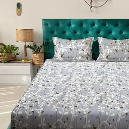 KLOTTHE Grey & White Floral Printed 300 TC King Double Bedsheet Set 2.50 x 2.25 m image 2