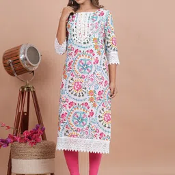 CRENOL THREADS Women Floral Printed Thread Work Kurta image 5