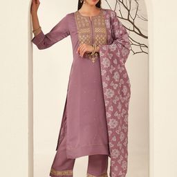 Anouk Purple Floral Embroidered Notch Neck Chanderi Silk Kurta with Trousers & Dupatta-picture-12