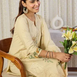 Indo Era Embroidered Notch Neck Thread Work Pure Cotton Kurta With Trousers & Dupatta-picture-24