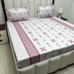 Pure Decor White & Pink Ethnic Motifs Queen Bedsheet with 2 Pillow Covers-image-85