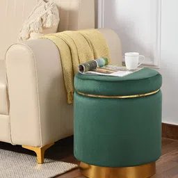 NACIA Green & Gold-Toned Textured Wooden & Velvet Pouffes Stool Ottomans-image-47