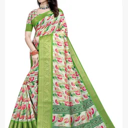SSHAGUN LIFESTYLE Green Embellished Floral Print Woven Bollywood Cotton Silk Saree image 3