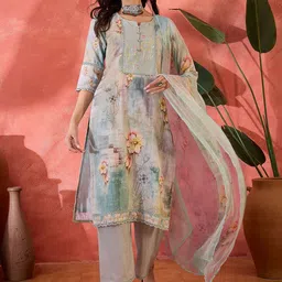 Sangria Women Floral Embroidered Cotton Kurta with Trousers & Dupatta-picture-41