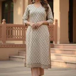 SARSO Women Printed Regular Linen Kurta with Trousers & With Dupatta image 4