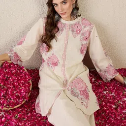 Indo Era Women Floral Printed Regular Mirror Work Pure Cotton Kurta with Trousers-picture-14