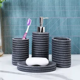 Myntra Elegant Homes Black & Grey 4 piece Textured Resin Bath Accessories Set-picture-30