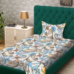 Aura Beige & Blue Floral Printed 300 TC Fitted Single Bedsheet Set 2.25 m x 1.5 m-picture-26