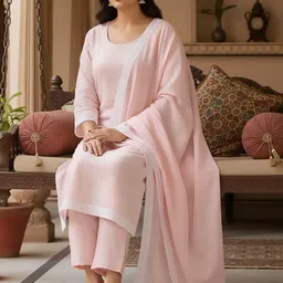 House of Pataudi Embroidered Round Neck Kurta & Trousers with Dupatta Set image 2