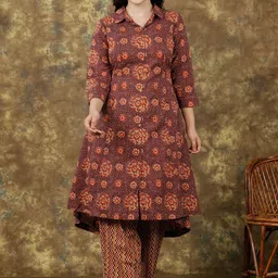 Aramya Floral Printed Shirt Collar Pure Cotton A-Line Kurta With Trousers-image-6