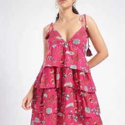 fusion by glitchez Floral Printed V-Neck Tie-Ups Layered A-Line Dress-picture-24