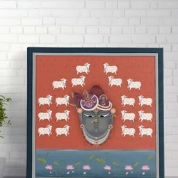 SAF Rust & White Pichwai Cow & Shrinath Ji Canvas Wall Art-image-38
