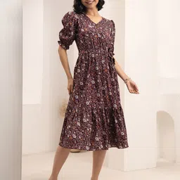 AASK Floral Print Puff Sleeve Crepe Fit & Flare Midi Dress-image-39