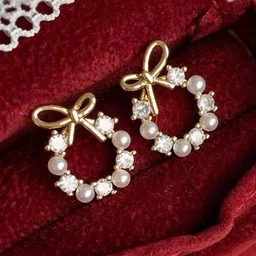 PolluxCraft Gold-Plated Artificial Stones Studded & Beaded Contemporary Korean Studs image 5