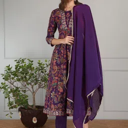 Anouk Floral Printed Thread Work Chanderi Silk A-Line Kurta With Trousers & Dupatta-picture-18