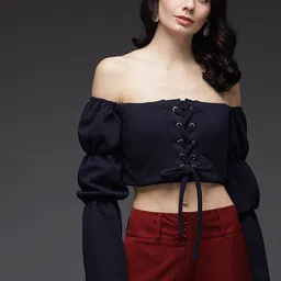 VANGULL Women Off-Shoulder Puff Sleeve Tie-Ups Tube Crop Top-picture-35
