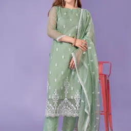 HERE&NOW Women Ethnic Motifs Embroidered Regular Thread Work Kurta with Trousers & With Dupatta-picture-23