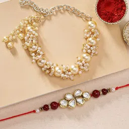 KARATCART Set Of 2 Red & Gold-Toned & Plated Stone-Studded Bhaiya Bhabhi Rakhis-picture-22