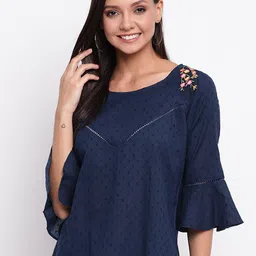 Mayra Women Blue & Yellow Self Design Round Neck Pure Cotton Regular Top-image-8