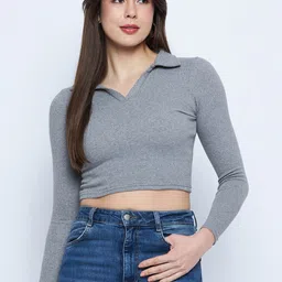 Mayra Shirt Collar Crop Fitted Top-picture-13