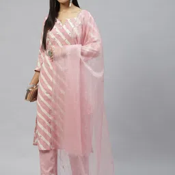 Divena Women Pink Leheriya Printed Gotta Patti Pure Cotton Kurta with Trousers & With Dupatta-picture-10