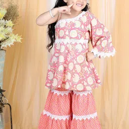 LIL PITAARA Girls Peach-Coloured Ethnic Motifs Printed Gotta Patti Pure Cotton Kurti with Sharara-picture-57