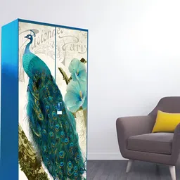 WALLWEAR Beige & Blue Peacock Printed Self-Adhesive Wardrobe Wallpaper-image-97
