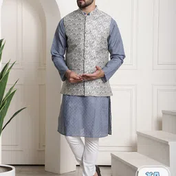 SOJANYA Ethnic Motifs Embroidered Regular Pure Cotton Kurta With Pyjamas & Nehru Jacket-picture-42
