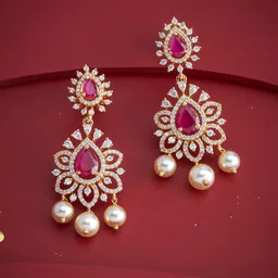 Kushal's Fashion Jewellery Gold-Plated Zircon Studded & Pearls Beaded Drop Earrings-picture-48