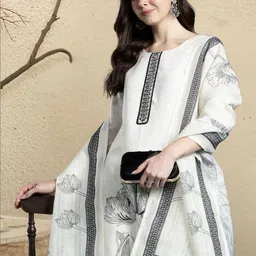 Indo Era Women Floral Printed Regular Thread Work Linen Kurta with Trousers & With Dupatta-picture-26