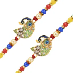 MEIRA JEWELLERY Set Of 2 Artificial Stones Studded & Beaded Peacock Shaped Thread Rakhi image 3