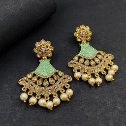 Saizen Gold Plated Kundan Studded & Pearls Beaded Floral Drop Earrings image 2
