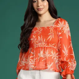 DressBerry Floral Print Puff Sleeve Georgette Peplum Top-picture-41