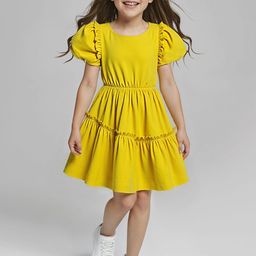 ARIAS By LARA DUTTA Girls Solid Puff Sleeve Fit & Flare Knee Length Dress-picture-9