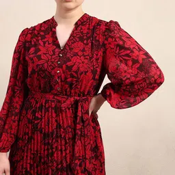 VERO MODA CURVE Floral Printed Mandarin Collar Puff Sleeves Fit & Flare Midi Dress image 2