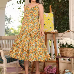 Janasya Floral Print Fit & Flare Midi Dress-image-5