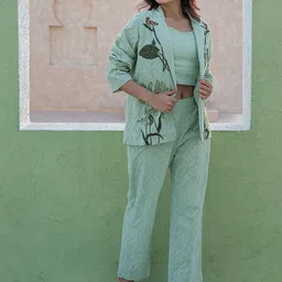 Aadews Self Design Round Neck Top With Trouser And Jacket image 2