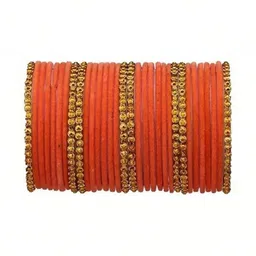 THE BLAZZE Set Of 10 Orange Glass Artificial Stones & Beads Bangle-picture-14