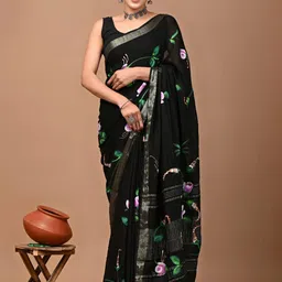 Crafts Moda Women Black Floral Linen Blend Block Print Saree image 4