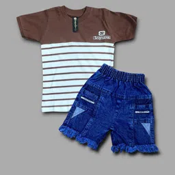 Gori Garmentss Boys Brown & White Striped T-shirt with Shorts-picture-21