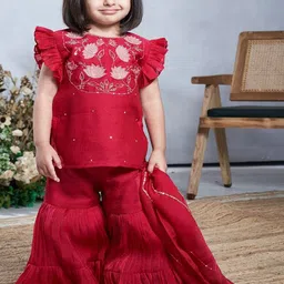 Vivedkids Girls Floral Embroidered Regular Thread Work Kurti with Sharara & With Dupatta image 3