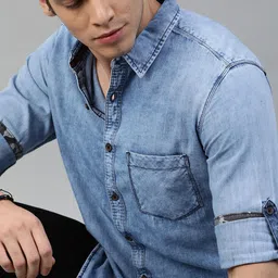 The Roadster Lifestyle Co Men Blue Regular Fit Washed Sustainable Casual Denim Shirt-picture-13