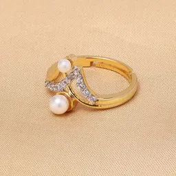 Voylla Gold-Plated White Stone-Studded & Pearl Beaded Adjustable Finger Ring-image-14