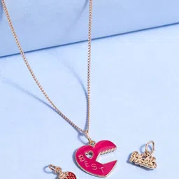 Voylla Women Set of 3 Gold-Plated & Pink Enamelled Interchangeable Pendants With Chain-image-0