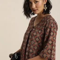 Taavi Brown & Black Pure Cotton Ajrakh Hand Block Print Sustainable Top with Pleats-image-1