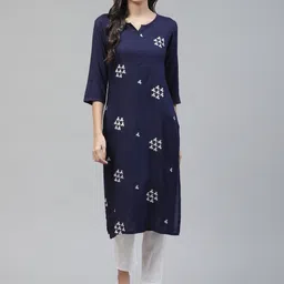 Fabriko Women Navy Blue & White Floral Embroidered Kurta with Trousers-picture-22