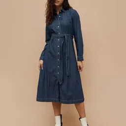 Tripursundari Fashion Women Belted Shirt Collar Denim Shirt Midi Dress-image-85