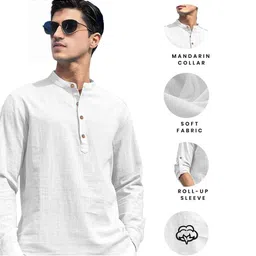 KNOWTED Mandarin Collar Roll-Up Sleeves Straight Short Kurta image 5