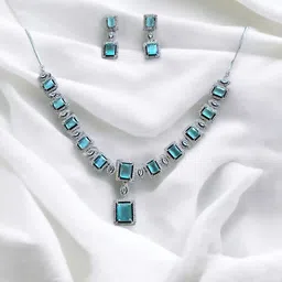 Anouk Rhodium-Plated Silver Plated Mint Stone Studded Necklace with Earring-picture-34