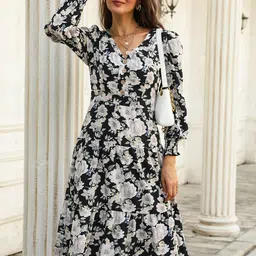 StyleCast Black Floral Printed V-Neck Puff Sleeves Gathered Tiered A-Line Dress-picture-13